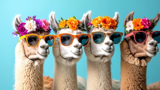 Three llamas wearing flower crowns and sunglasses