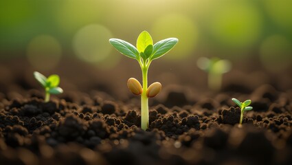 Fototapeta premium A young plant sprouts from the soil, symbolizing growth and new beginnings.
