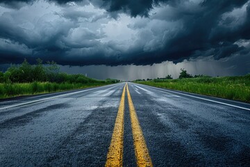 Stormy Road Ahead A deserted highway under dark clouds with rain in the distance, evoking isolation