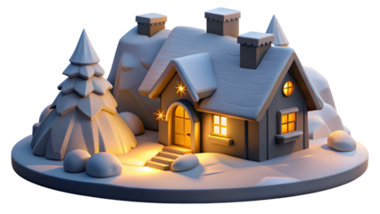 Charming miniature winter village scene with a cozy snow covered house and illuminated windows isolated on transparent background