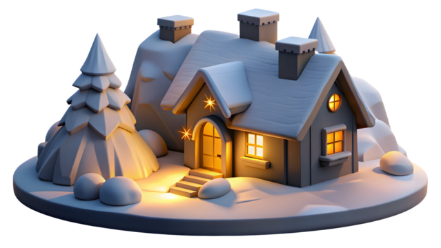 Charming miniature winter village scene with a cozy snow covered house and illuminated windows isolated on transparent background
