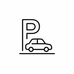 Simple line art icon of a car parked under a parking sign.