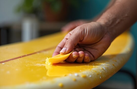 Close-up of hand waxing yellow surfboard. Applying surf wax for grip. Preparing board for ocean waves. Preparing for water sport activity. Beach lifestyle preparation.