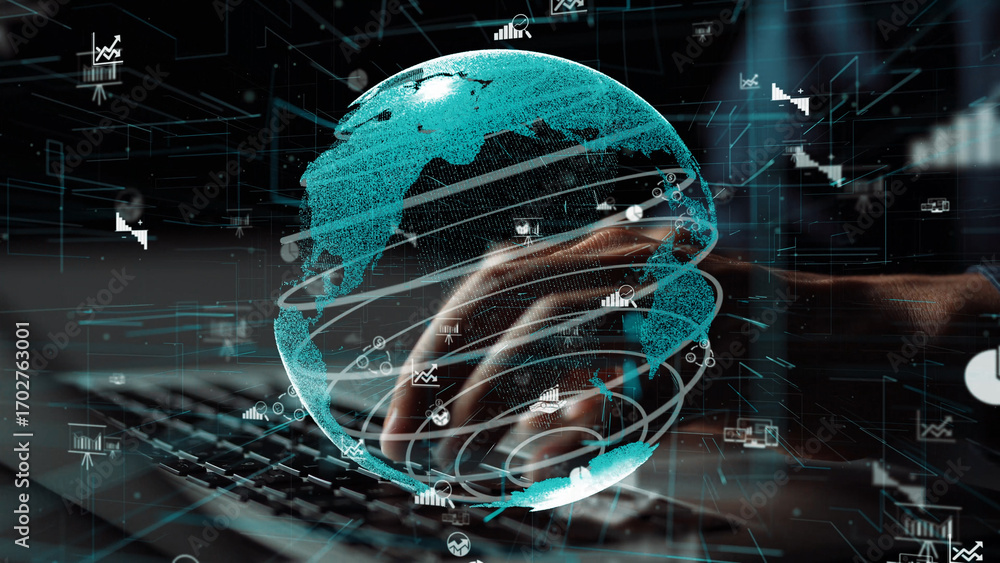 Poster a dynamic visual representation of a digital globe surrounded by data graphics, symbolizing global c