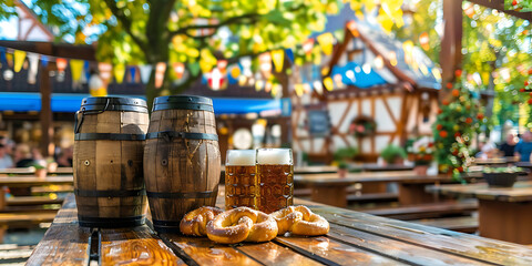 Wooden beer barrels and pretzels on a table with a festive beer garden background