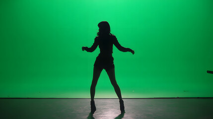A dark silhouette of a woman dancing gracefully in high heels against a bright green screen in a studio.