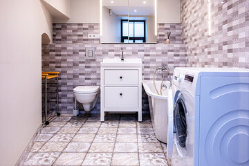 Modern bathroom design featuring stylish fixtures, spacious layout, and functional elements,...