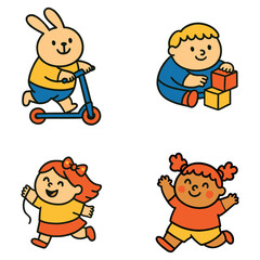 Cheerful Children Engaged in Playful Activities A Bunny on a Scooter, A Boy with Building Blocks, and Girls Running