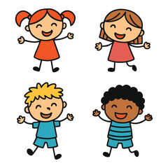 Cheerful Cartoon Kids Diversity Featuring Various Ethnicities Smiling and Playing Together in a Whimsical Flat Design Style