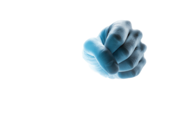 Close-up of a fist, rendered in a cool blue hue, set against a black background.  The hand is tightly clenched