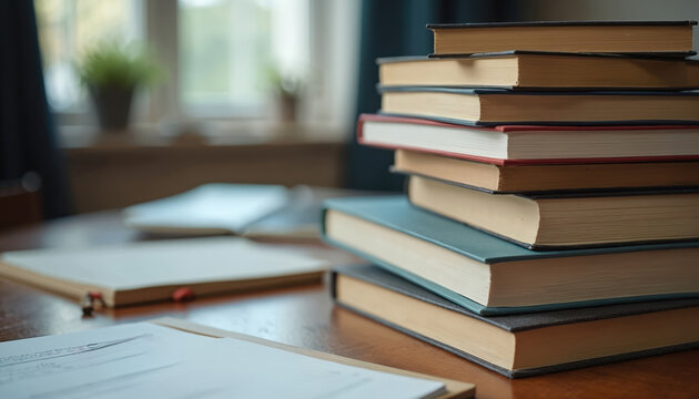 Neatly stacked books form collection on wooden table, alongside open notebooks. Items represent essential training, study, learning resources. Scene suggests organization, dedicated workspace for