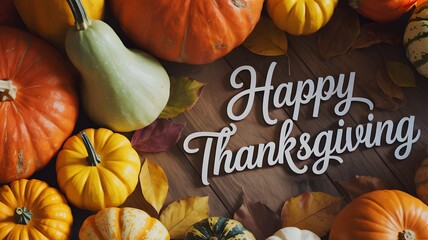 Happy thanksgiving greeting with a festive arrangement of colorful pumpkins and gourds on a rustic wooden background