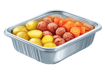 Square aluminum container holding a meal of potatoes, meatballs, and carrots