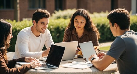 Group study featuring focused students with laptops at round table in campus area. Group study shows collaboration among diverse young people for academic success.