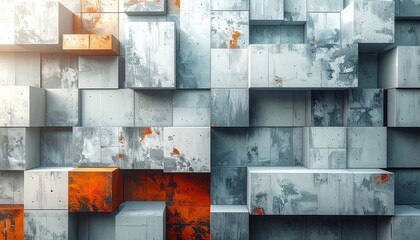 Abstract background featuring a geometric composition of 3D cubes with a weathered concrete texture and orange rust accents