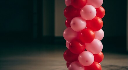 Column of balloons with pink and red colors for party decoration, arrangement of balloons for celebratory events. Column of balloons creates a playful atmosphere.