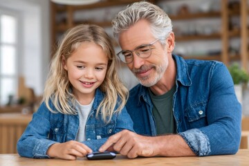Grandfather helping granddaughter using glucose meter at home