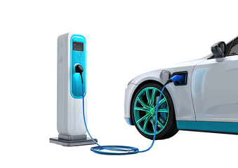 Electric car charging at a station.  Charging cable connects a modern electric vehicle to a charging pedestal
