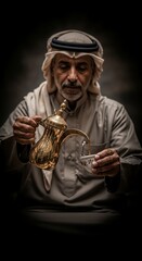 Arabic coffee preparation featuring golden dallah and traditional cup for serving. Arabic coffee is poured with care by middle eastern man dressed in traditional attire,