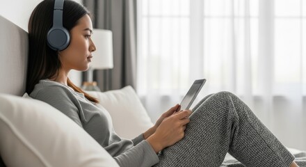 Young asian female relaxing with tablet and headphones in modern living room