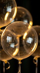 Transparent balloons catch light, showing their delicate, airy nature, as transparent balloons float against dark background. Celebration details include shiny surface of those transparent balloons.