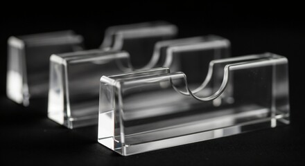 Clear acrylic display stands showcasing sleek designs in professional business setting. Acrylic display stands feature modern shapes and transparency for highlighting products effectively.