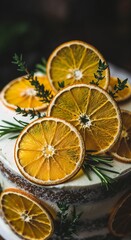 Delightful cake topped with dried orange slices and fresh herbs, showcasing vibrant citrus and lush greenery. This cake decoration with oranges adds a refreshing touch to festive occasions,