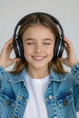 Happy girl listening to music with headphones, enjoying sound and rhythm with eyes closed. Music experience includes joyful expressions and immersive audio,