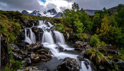 A cascading waterfall descends through rocky terrain, with snow-capped mountains in the background, framed by lush greenery