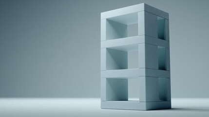 3D render of pastel blue minimalist bookshelf with rough texture in empty blue space
