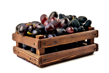 blue dark grapes mushrooms close-up in a wooden box