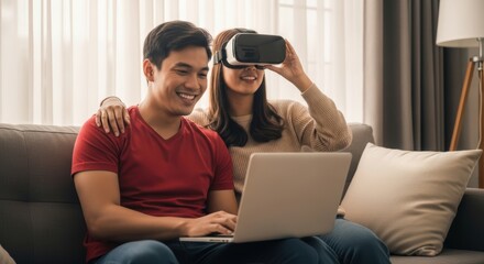Asian young adults exploring virtual reality and digital content at home