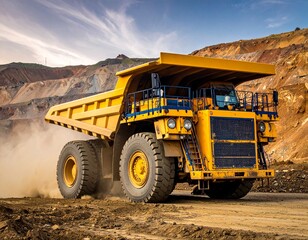 Obraz premium A massive yellow haul truck in action at a mine site, kicking up dust.