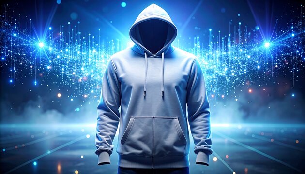Person Wearing Hoodie Standing in Digital Light Environment
