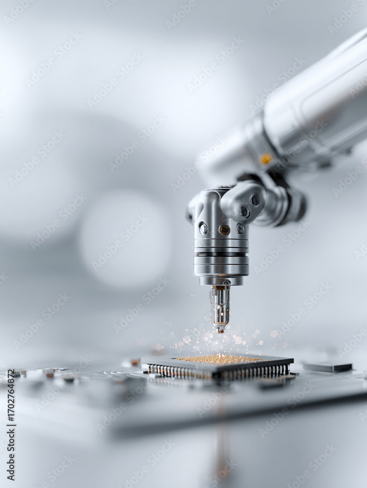 Poster precision engineering robotic arm working on a circuit board. represents automation, nanotechnology,