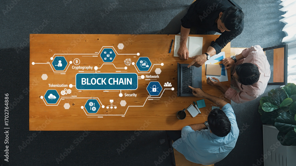 Poster collaborative business meeting on blockchain technology and security innovations for network solutio
