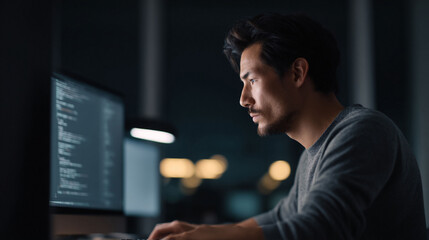 Focused man works late at his computer, coding in a dimly lit office. Great for concepts like programming, cybersecurity, or digital work. Could be used for tech or business.