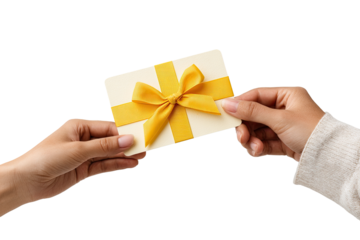 Hands exchanging a gift card with a yellow ribbon