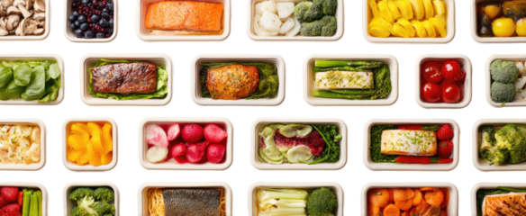 Prepared meals in individual containers, showcasing a variety of colorful and nutritious dishes.  Each container holds a different selection of cooked proteins, vegetables, and grains
