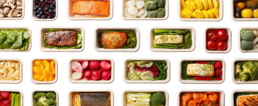 Prepared meals in individual containers, showcasing a variety of colorful and nutritious dishes.  Each container holds a different selection of cooked proteins, vegetables, and grains