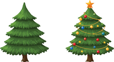 Two green Christmas trees, one plain pine tree and one decorated with colorful baubles, stars, garlands, and a star topper