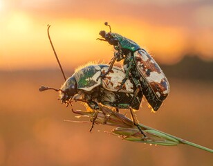 Two beetles mating at sunset