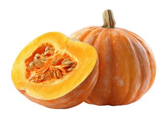 Two halves of an orange pumpkin, one whole, one sliced.  The inside of the sliced pumpkin is a pale orange color, full of small, tan seeds. 