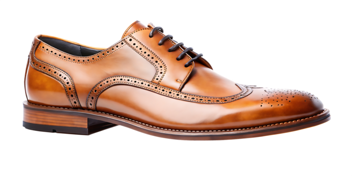 Tan leather wingtip oxford shoe isolated on a transparent background