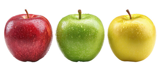 Three whole apples, red, green, and yellow, arranged in a horizontal row (1)