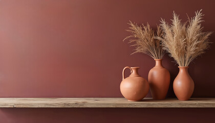 Rustic wooden shelf displays terracotta vases with dried flowers against burgundy wall. Home decor art minimalist design. Neutral warm colors interior background.