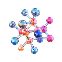 Obraz premium Dramatic visualization of a molecular, A dramatic depiction of a molecular model, highlighting complex connections and colorful atoms in a dynamic arrangement, isolated on transparent background