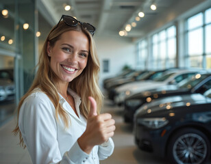Happy blond woman gives thumbs up in car dealership showroom. Positive client satisfied with purchase, sale deal, automotive service. Excited customer recommends new vehicle, auto brand indoors. Car