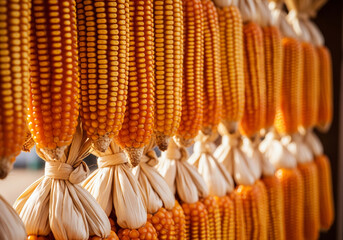 Rows of golden dried corn hanging neatly, traditional harvest storage and natural decoration for farming and agricultural themes