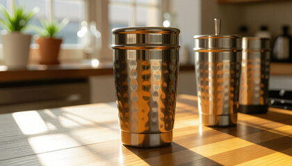 Modern bar shaker tin on wooden kitchen countertop in sunlight  